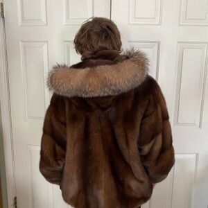 Luxurious mink bomber Fur Coat with crystal fox Hood